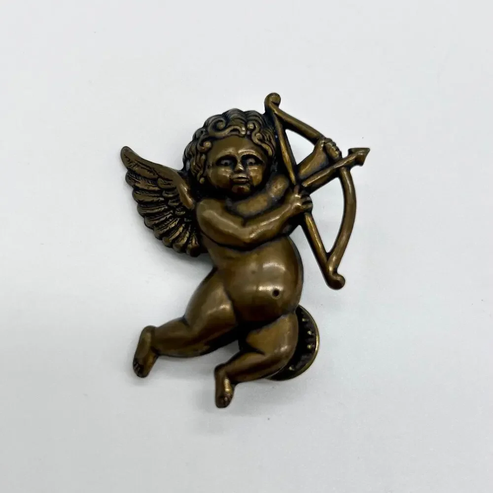 Cherub Pin Brooch Cupid Bow & Arrow Angel Costume Jewelry Romantic Bronze Tone